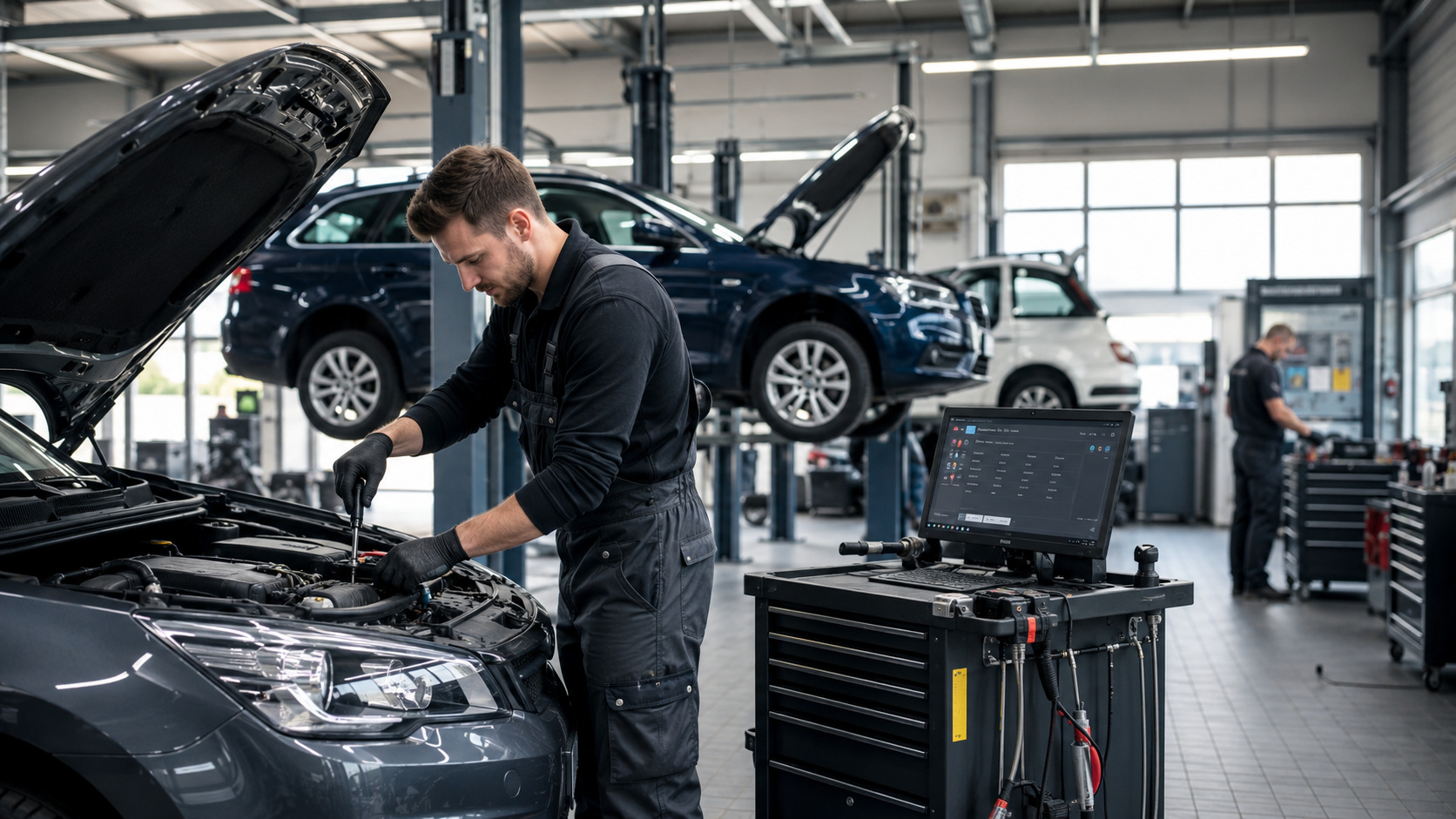 Alle Marken & Modelle Mechaniker in schwarzer Arbeitskleidung repariert Motor eines Autos in moderner Werkstatt mit mehreren Fahrzeugen und Diagnosegerät auf Werkstattwagen