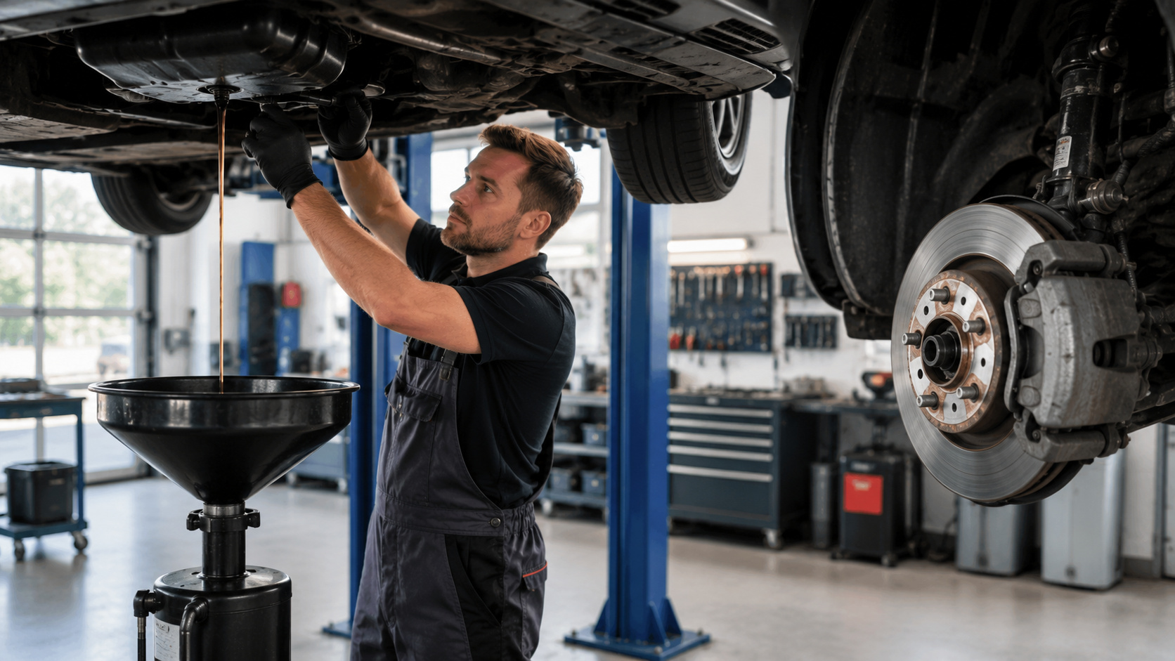 Schnellservice – kein langer Termin Mechaniker in schwarzer Arbeitskleidung wechselt Öl unter einem auf einer Hebebühne angehobenen Fahrzeug in einer Werkstatt mit sichtbarer Bremsanlage am Vorderreifen