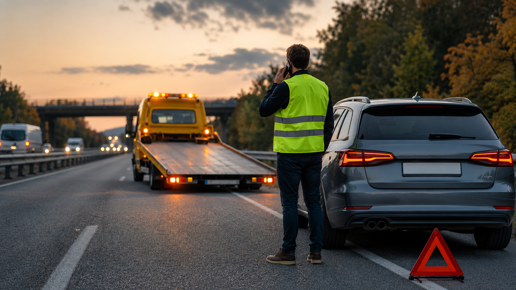 Mann mit Warnweste steht neben einem Auto mit geöffneter Motorhaube auf der Autobahn, im Hintergrund ein Abschleppwagen mit eingeschaltetem Warnlicht