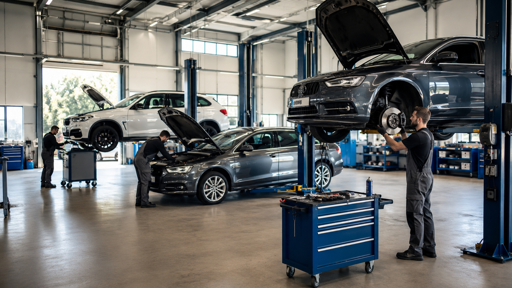 Meisterbetrieb seit Jahren Mehrere Autos in einer hellen Werkstatt, zwei Mechaniker arbeiten an einem Auto auf einer Hebebühne und einem weiteren mit geöffneter Motorhaube